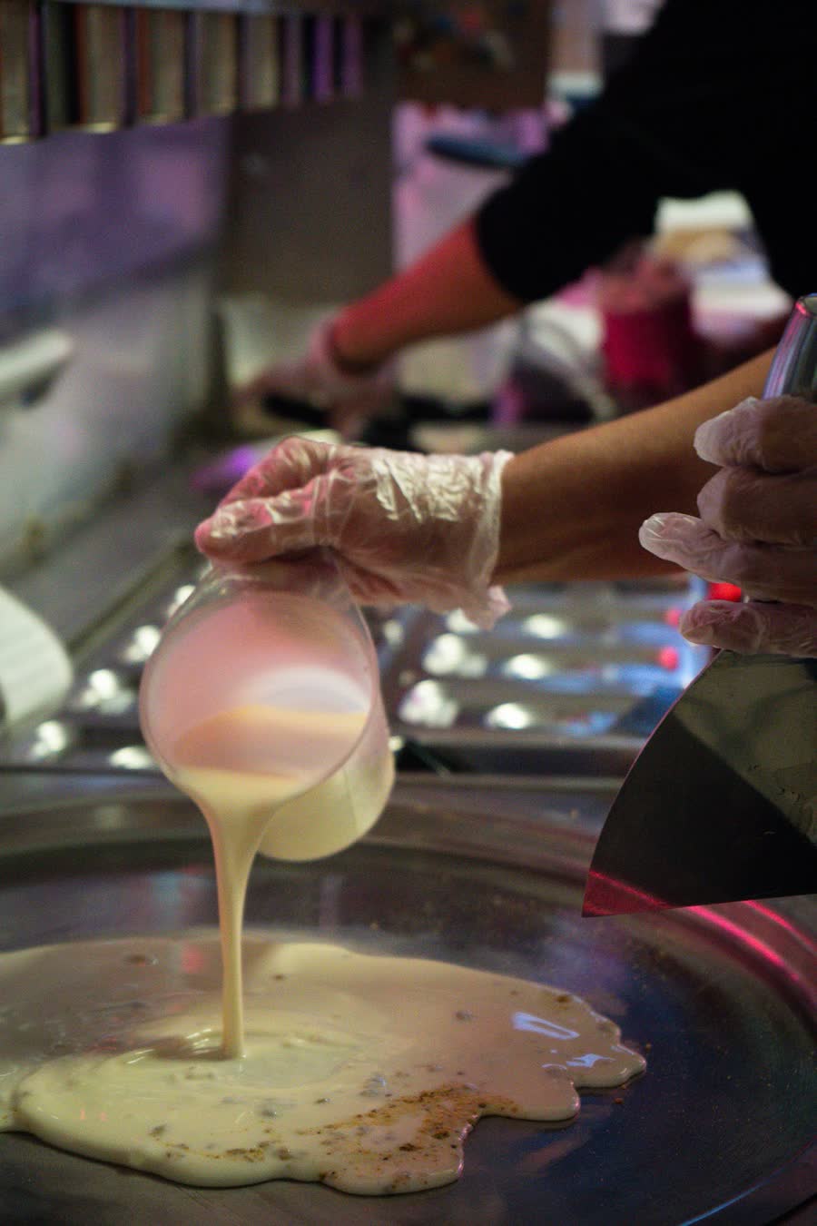 Ice cream base poured on the cold plate